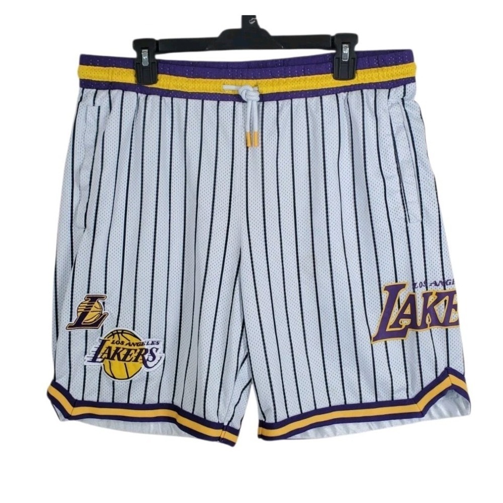 Vtg NBA LA Lakers Basketball Shorts Mens L 34-38 x8 White Purple Black Stripe